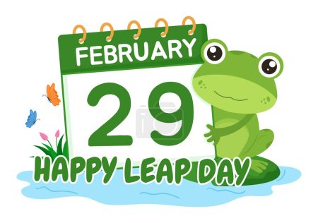 Feliz día bisiesto el 29 de febrero con rana linda en dibujos animados de estilo plano Plantillas de fondo dibujadas a mano Ilustración