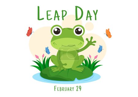 Téléchargez les illustrations : Joyeux jour bissextile sur 29 Février avec grenouille mignonne dans le style plat dessin animé à la main Modèles de fond Illustration - en licence libre de droit