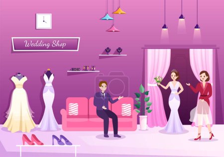 Illustration for Wedding Shop with Jewelry, Beautiful Bride Gowns and Accessories Suitable for Poster in Flat Cartoon Hand Drawn Template Illustration - Royalty Free Image