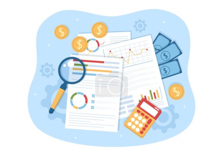 Illustration for Business Audit of Documents with Charts, Accounting, Calculations and Financial Report Analytics in Flat Cartoon Hand Drawn Templates Illustration - Royalty Free Image