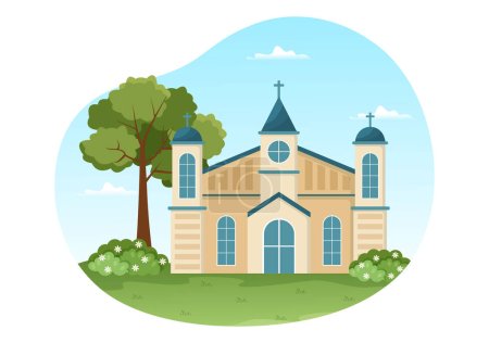 Église luthérienne avec bâtiment de temple de cathédrale et religion chrétienne Place Architecture en dessin animé plat Illustration