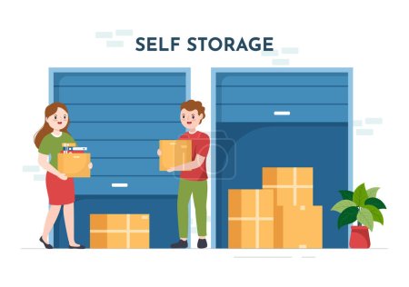 Illustration for Self Storage of Cardboard Boxes Filled with Unused Items in Mini Warehouse or Rental Garage in Flat Cartoon Hand Drawn Templates Illustration - Royalty Free Image