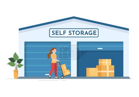 Illustration for Self Storage of Cardboard Boxes Filled with Unused Items in Mini Warehouse or Rental Garage in Flat Cartoon Hand Drawn Templates Illustration - Royalty Free Image