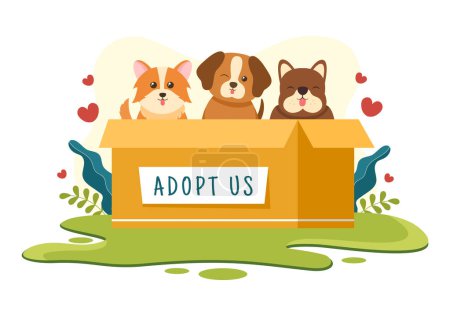 Vektor für Adoption eines Haustieres aus einem Tierheim in Form von Katzen oder Hunden zur Pflege und Pflege in flachen, von Hand gezeichneten Cartoon-Vorlagen Illustration - Lizenzfreies Bild