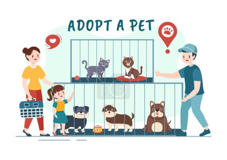 Illustration for Adopt a Pet From an Animal Shelter in the Form of Cats or Dogs to Care for and Look After in Flat Cartoon Hand Drawn Templates Illustration - Royalty Free Image