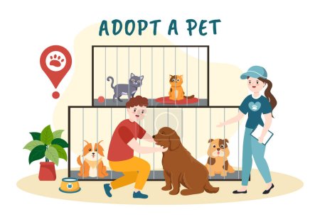 Illustration pour Adopter un animal de compagnie provenant d'un refuge pour animaux sous la forme de chats ou de chiens pour prendre soin et s'occuper de modèles dessinés à la main dans un dessin animé plat Illustration - image libre de droit