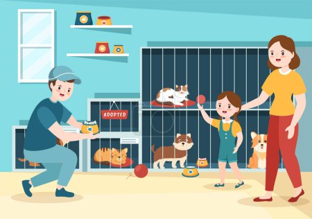 Illustration for Adopt a Pet From an Animal Shelter in the Form of Cats or Dogs to Care for and Look After in Flat Cartoon Hand Drawn Templates Illustration - Royalty Free Image