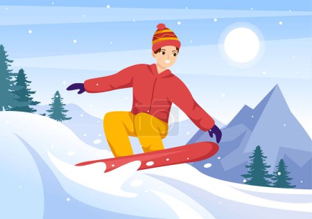 Illustration for Snowboarding with People Sliding and Jumping on Snowy Mountain Side or Slope Inside Flat Cartoon Hand Drawn Templates Illustration - Royalty Free Image