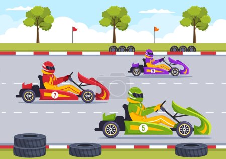 Karting Deporte con Juego de Carreras Go Kart o Mini Coche en Pista de Circuito Pequeño en Dibujos Animados Plantilla Dibujada a Mano Ilustración