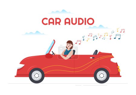 Téléchargez les illustrations : Conduire une voiture Écouter de la musique avec des haut-parleurs ou une sonorisation dans un dessin animé plat Illustration de gabarits dessinés à la main - en licence libre de droit