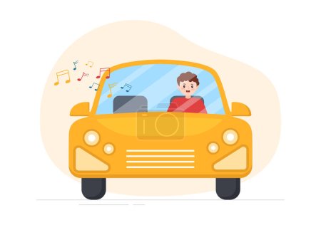 Illustration for Driving a Car Listening to Music with Loud Speakers or Sound System in Flat Cartoon Poster Hand Drawn Templates Illustration - Royalty Free Image