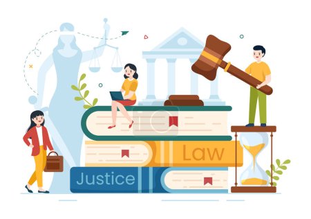 Cabinet d'avocats Services avec Justice, Conseils juridiques, Jugement et Avocat Consultant en Caricature Plate Affiche Dessinée à la Main Modèles Illustration
