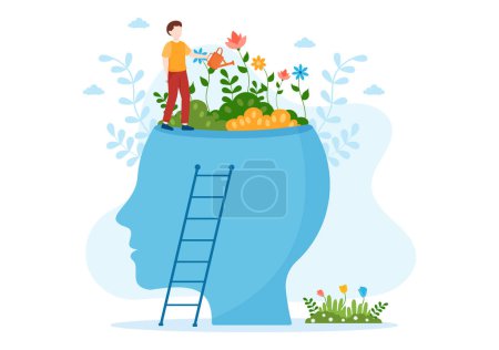 Illustration for Personal Development with People Developing Mental Issues, Growth and Self Improvement as Plant in Flat Cartoon Hand Drawn Templates Illustration - Royalty Free Image