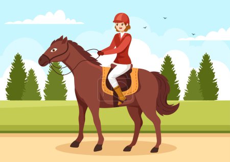 Entraîneur de chevaux de sport équestre avec entraînement, leçons d'équitation et courses de chevaux en dessin animé plat Illustration du modèle dessiné à la main
