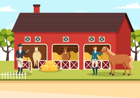 Illustration for Equestrian Sport Horse Trainer with Training, Riding Lessons and Running Horses in Flat Cartoon Hand Drawn Template Illustration - Royalty Free Image