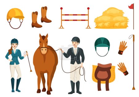 Illustration for Equestrian Sport Horse Trainer with Training, Riding Lessons and Running Horses in Flat Cartoon Hand Drawn Template Illustration - Royalty Free Image