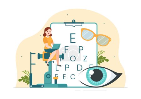 Téléchargez les illustrations : Optométriste avec ophtalmologiste vérifie la vue du patient, le test optique des yeux et la technologie des lunettes dans les modèles dessinés à la main à dessin animé plat Illustration - en licence libre de droit