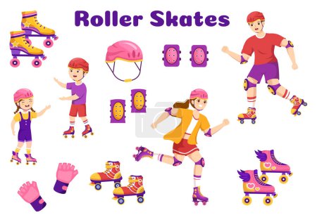 Illustration for Kids Riding Roller Skates in City Park for Outdoors Activity, Sport Recreation or Weekend Leisure in Flat Cartoon Hand Drawn Templates Illustration - Royalty Free Image