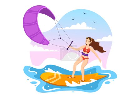 Ilustración de Kitesurf Ilustración con Kite Surfer de pie en Kiteboard en el mar de verano en deportes acuáticos extremos Plantilla dibujada a mano plana de dibujos animados - Imagen libre de derechos