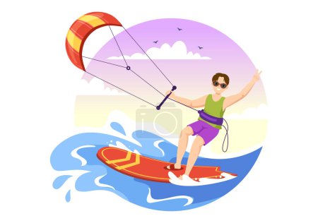 Ilustración de Kitesurf Ilustración con Kite Surfer de pie en Kiteboard en el mar de verano en deportes acuáticos extremos Plantilla dibujada a mano plana de dibujos animados - Imagen libre de derechos
