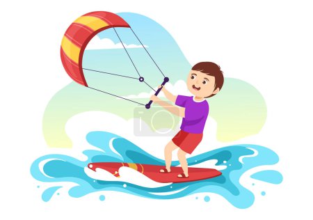 Ilustración de Kitesurf Ilustración con niños Kite Surfer De pie en Kiteboard en el mar de verano en deportes acuáticos extremos Plantilla dibujada a mano plana de dibujos animados - Imagen libre de derechos