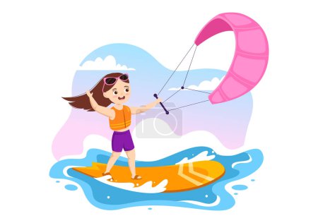 Ilustración de Kitesurf Ilustración con niños Kite Surfer De pie en Kiteboard en el mar de verano en deportes acuáticos extremos Plantilla dibujada a mano plana de dibujos animados - Imagen libre de derechos
