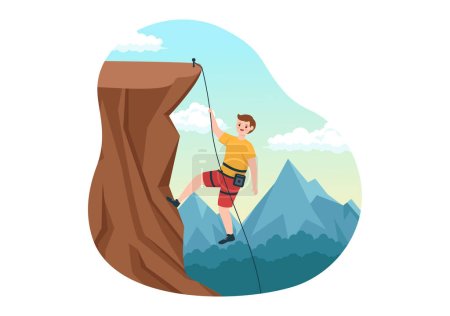 Téléchargez les illustrations : Illustration d'escalade de falaise avec escalade escalade mur de roche ou falaises de montagne et sport d'activité extrême dans le dessin animé plat Modèle dessiné à la main - en licence libre de droit