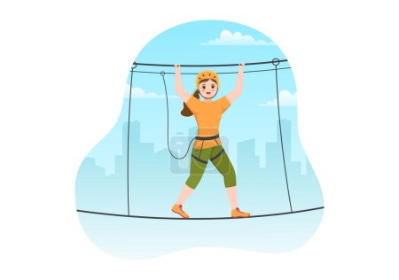 Zip Line Illustration with Visitors Walking on an Obstacle Course and Outdoor Rope Adventure Park in Forest in Flat Cartoon Hand Drawn Templates