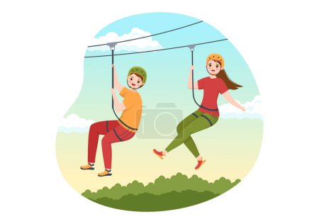 Illustration for Zip Line Illustration with Visitors Walking on an Obstacle Course and Outdoor Rope Adventure Park in Forest in Flat Cartoon Hand Drawn Templates - Royalty Free Image