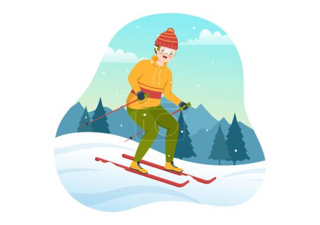 Téléchargez les illustrations : Illustration de ski avec des skieurs glissant près de la montagne Descente dans la station de ski à plat Activités sportives d'hiver Dessin animé Modèles dessinés à la main - en licence libre de droit
