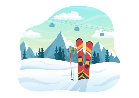 Téléchargez les illustrations : Illustration de ski avec des skieurs glissant près de la montagne Descente dans la station de ski à plat Activités sportives d'hiver Dessin animé Modèles dessinés à la main - en licence libre de droit