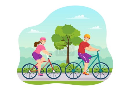 Illustration zum Mountainbiken mit dem Mountainbike für Sport, Freizeit und gesunden Lebensstil in flachen, handgezeichneten Cartoon-Vorlagen