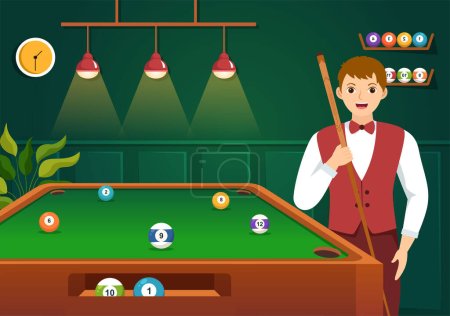 Billiards Game Illustration with Player Pool Room with Stick, Table and Billiard Balls in Sports Club in Flat Cartoon Hand Drawn Templates