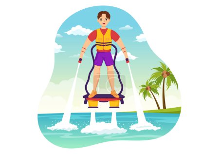 Illustration for Flyboard Illustration with People Riding Jet Pack in Summer Beach Vacations in Flat Extreme Water Sport Activity Cartoon Hand Drawn Templates - Royalty Free Image