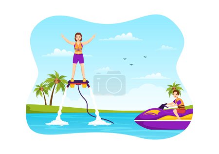 Ilustración de Flyboard Illustration with People Riding Jet Pack in Summer Beach Vacations in Flat Extreme Water Sport Activity Cartoon Hand Drawn Templates - Imagen libre de derechos