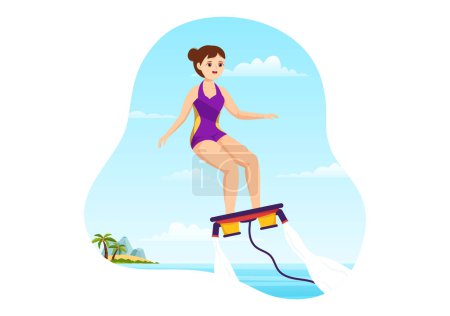 Illustration for Flyboard Illustration with People Riding Jet Pack in Summer Beach Vacations in Flat Extreme Water Sport Activity Cartoon Hand Drawn Templates - Royalty Free Image