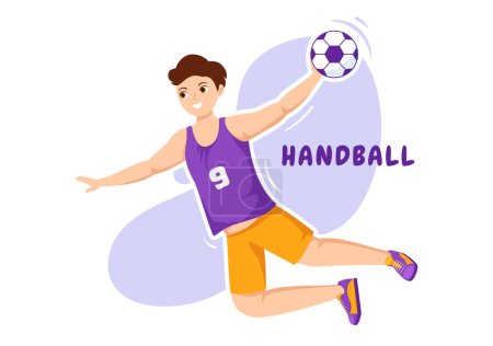 Téléchargez les illustrations : Handball Illustration of a Player Touching the Ball with His Hand and Scoring a Goal in a Sports Competition Flat Cartoon Hand Drawing Template - en licence libre de droit