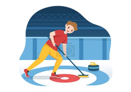 Téléchargez les illustrations : Curling Sport Illustration with Team Playing Game of Rocks and Broom in Rectangular Ice Ring in Championship Flat Cartoon Hand Drawn Template - en licence libre de droit