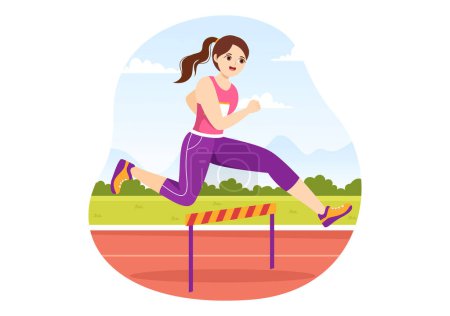 Illustration for Athlete Run Hurdle Long Jump Sportsman Game Illustration in Obstacle Running for Web Banner or Landing Page in Flat Cartoon Hand Drawn Templates - Royalty Free Image