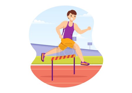 Illustration for Athlete Run Hurdle Long Jump Sportsman Game Illustration in Obstacle Running for Web Banner or Landing Page in Flat Cartoon Hand Drawn Templates - Royalty Free Image