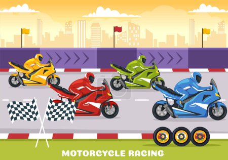 Téléchargez les illustrations : Motorcycle Racing Championship on the Racetrack Illustration with Racer Riding Motor for Landing Page in Flat Cartoon Hand Drawn Templates - en licence libre de droit