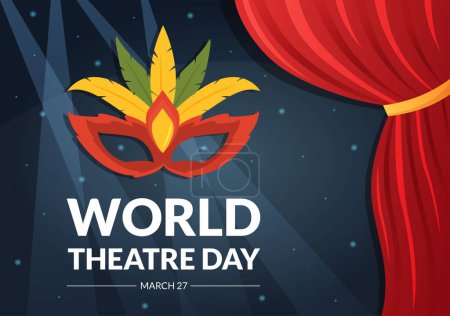 Illustration for World Theatre Day on March 27 Illustration with Masks and to Celebrate Theater for Web Banner or Landing Page in Flat Cartoon Hand Drawn Templates - Royalty Free Image
