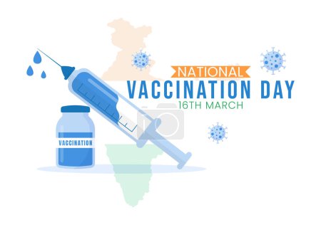 Ilustración de National Vaccination Day on March 16 Illustration with Vaccine Syringe for Strong Immunity in Flat Cartoon Hand Drawn to Landing Page Template - Imagen libre de derechos