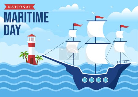 Illustration for World Maritime Day Illustration with Sea and Ship for Web Banner or Landing Page in Flat Blue Nautical Celebration Cartoon Hand Drawn Templates - Royalty Free Image