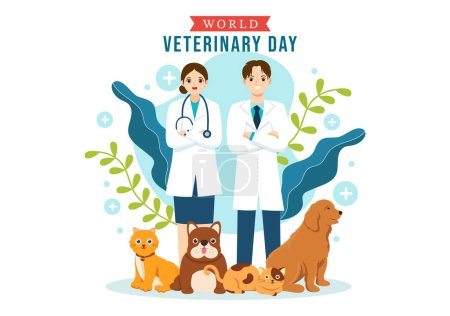 Téléchargez les illustrations : World Veterinary Day on April 29 Illustration with Doctor and Cute Animals Dogs or Cats in Flat Cartoon Hand Drawn for Landing Page Templates - en licence libre de droit