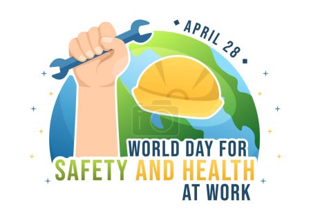 Ilustración de World Day Of Safety and Health at Work on April 28 Illustration with Mechanic Tool in Flat Cartoon Hand Drawn for Web Banner or Landing Page Template - Imagen libre de derechos