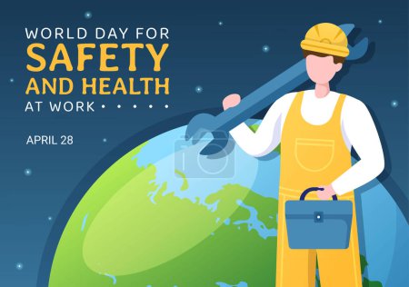 Téléchargez les illustrations : World Day Of Safety and Health at Work on April 28 Illustration with Mechanic Tool in Flat Cartoon Hand Drawn for Web Banner or Landing Page Template - en licence libre de droit