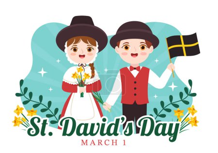 Téléchargez les illustrations : Happy St David's Day on March 1 Illustration with Kids Welsh Dress, Dragons and Yellow Daffodils in Flat Cartoon Hand Drawn for Landing Page Templates - en licence libre de droit