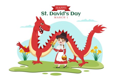 Ilustración de Feliz Día de San David el 1 de marzo Ilustración con niños Vestido galés, dragones y narcisos amarillos en dibujos animados planos dibujados a mano para plantillas de landing pages - Imagen libre de derechos
