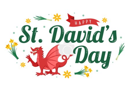 Ilustración de Feliz Día de San David el 1 de marzo Ilustración con dragones galeses y narcisos amarillos para la página de aterrizaje en dibujos animados planos Plantillas dibujadas a mano - Imagen libre de derechos